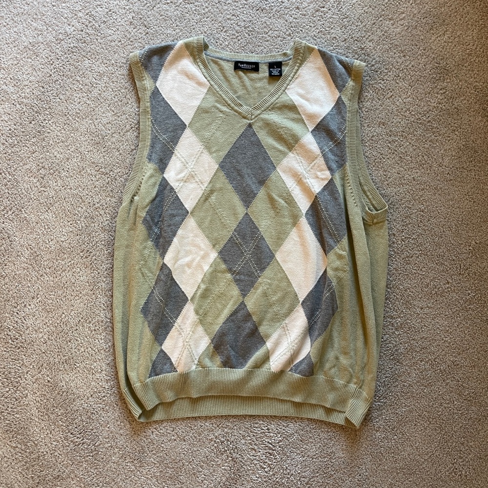 Vintage Argyle Sweater Vest | Pistachio Green and Grey Size L